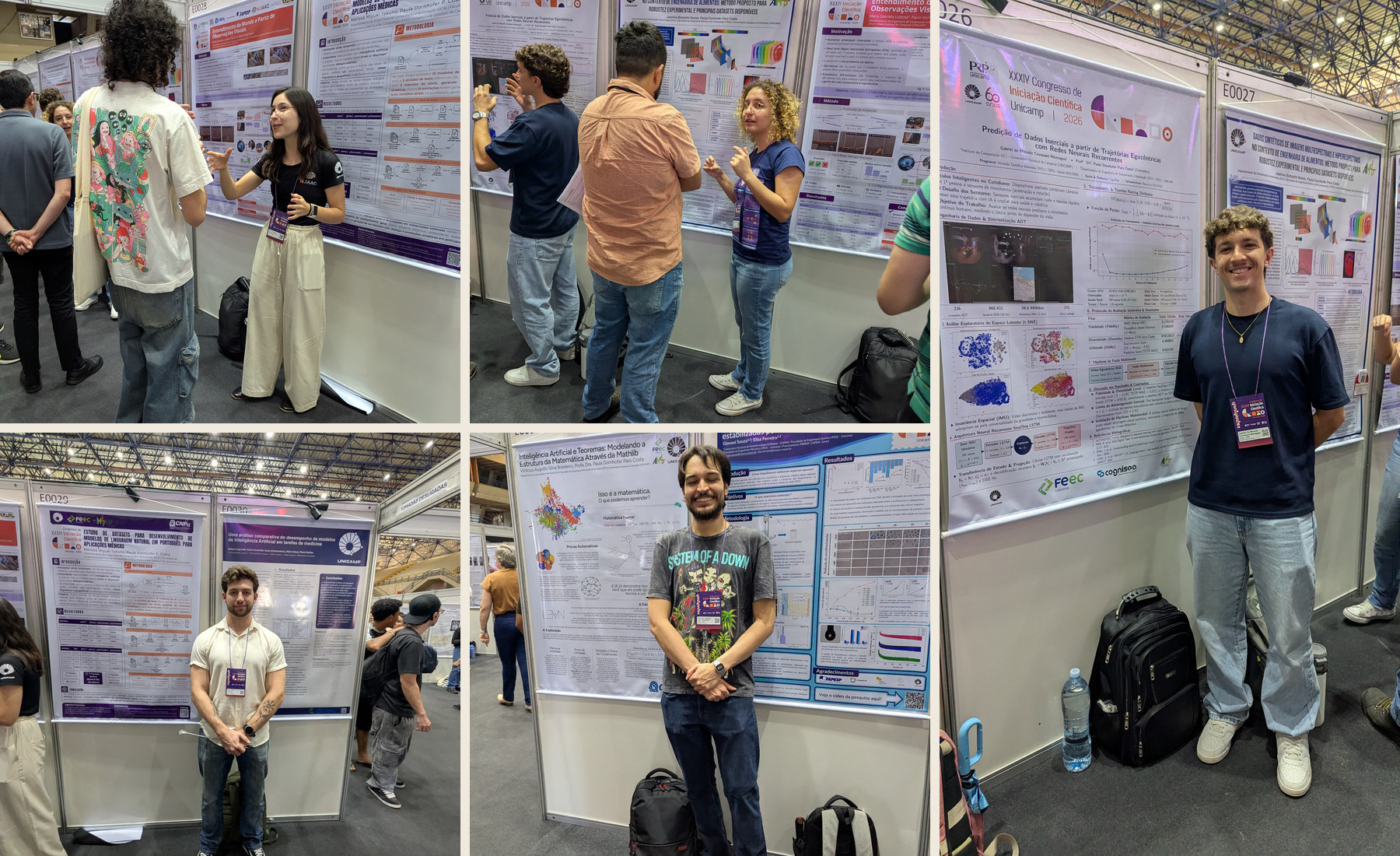 Photo mosaic of undergraduate researchers discussing their posters at UNICAMP's 34th Undergraduate Research Congress in 2026
